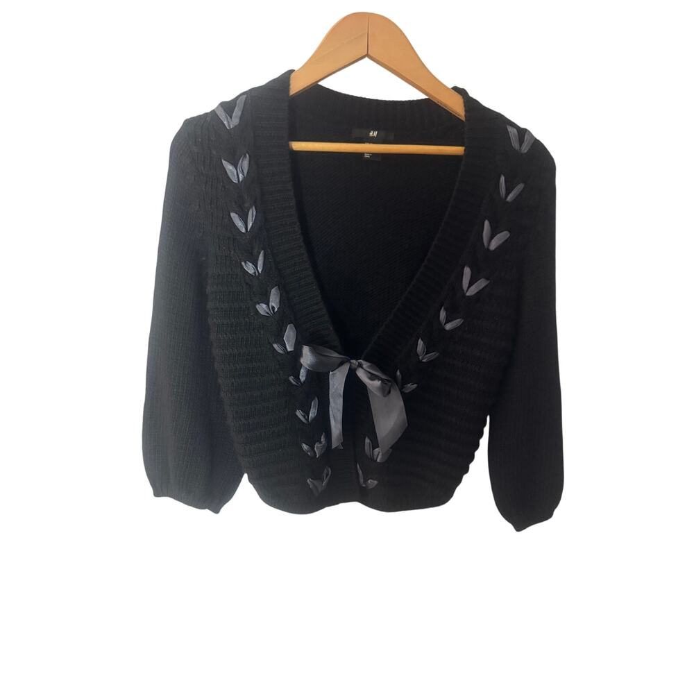 H&M Black Ribbon Lace Up Wool Blend Cardigan Sweater Coquette Size XS